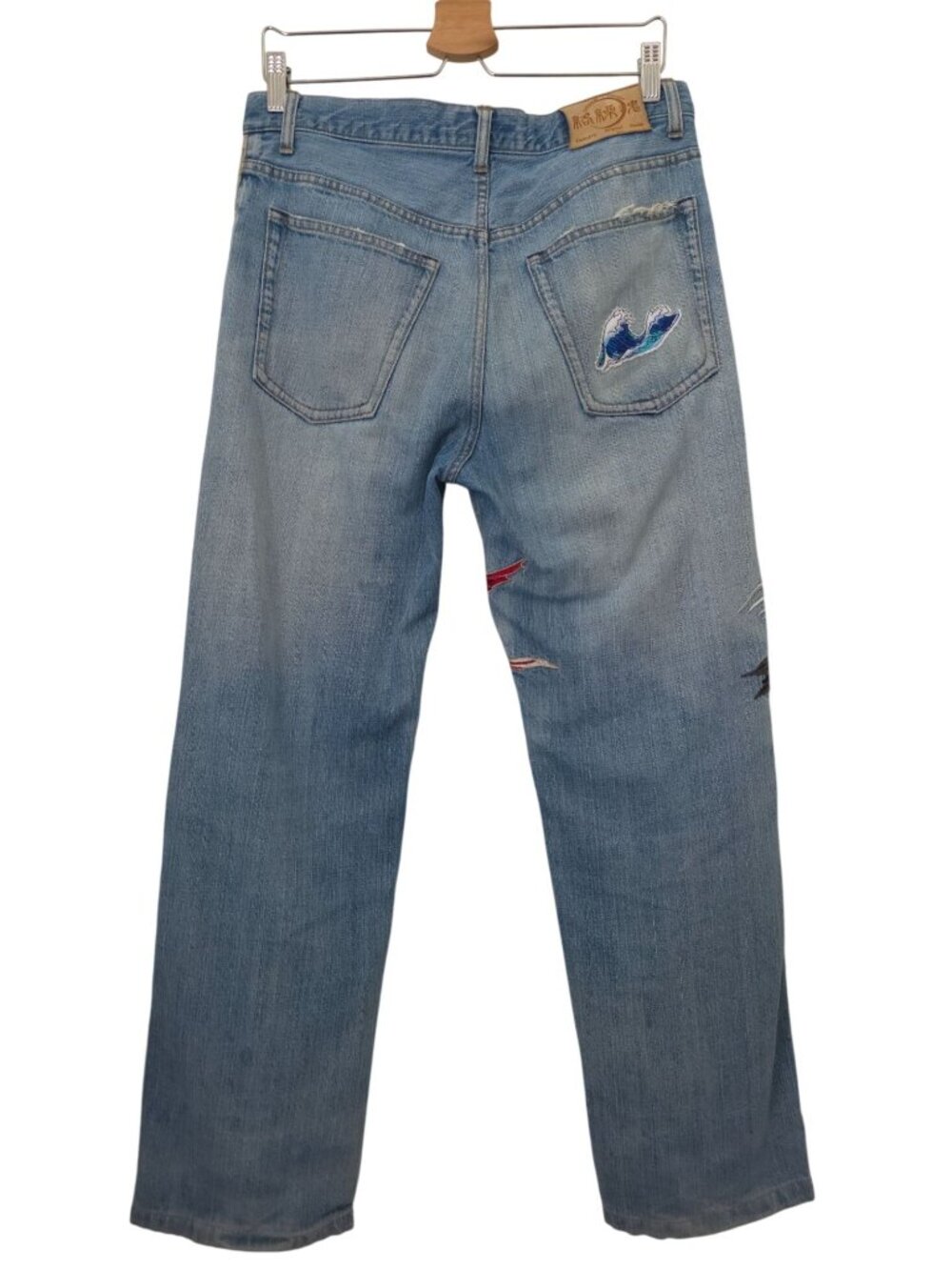 Karakuri Tamashii Japanese Denim Jeans w/ Embroidered Koi Fish & Wave Design 32 - Picture 2 of 13
